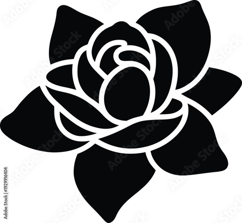 Rose blossom silhouette icon, black floral head vector illustration isolated on white background.