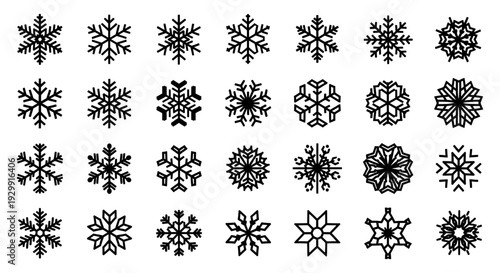 a diverse collection of stylized snowflake vector icons and winter frost elements ideal for christmas and holiday designs.