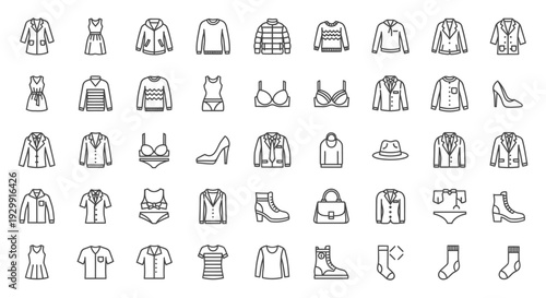 a diverse set of minimalist outline clothing icons and fashion accessories ideal for e-commerce websites and digital design projects.
