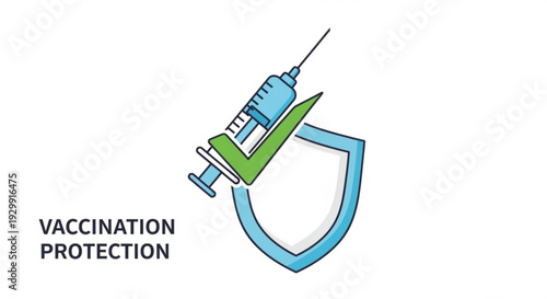 Vaccination protection concept with syringe and shield icon on white background for health and safety