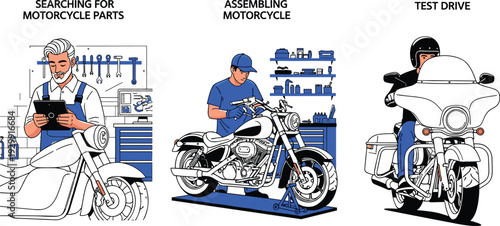 Vector illustrations for motorcycle maintenance including searching for parts assembling motorbikes and professional test drive service