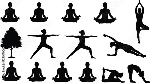 Yoga pose silhouette set, meditation woman sitting, zen wellness icons, fitness exercise training, healthy lifestyle, stretch body, lotus position, isolated vector collection, tree pose.
