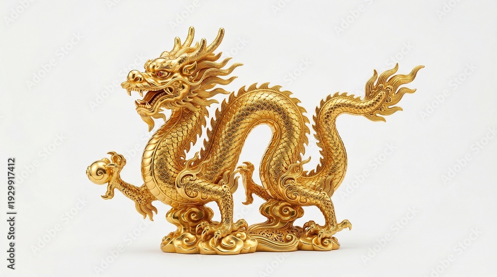 Fototapeta premium Imperial Chinese dragon sculpture in pure gold, highly detailed scales and filigree engravings, polished reflective surface, luxury product lighting, isolated on white background, minimalist