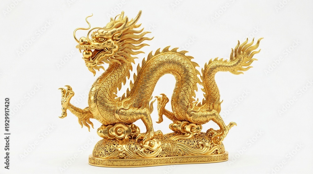 Fototapeta premium Imperial Chinese dragon sculpture in pure gold, highly detailed scales and filigree engravings, polished reflective surface, luxury product lighting, isolated on white background, minimalist