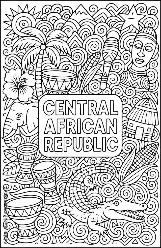 Obraz premium Central African Republic hand drawn vector illustration doodle art line art coloring page for kids