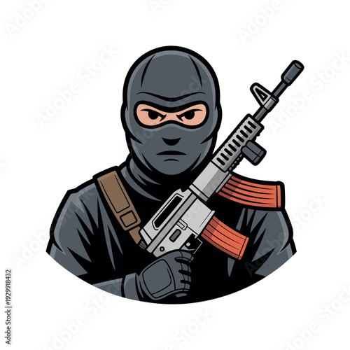 A cartoon illustration of a masked gunman holding an assault rifle with a serious expression.