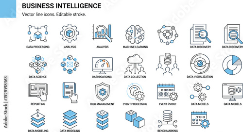 Vector line icons for business intelligence data processing machine learning analytics dashboards risk management and digital visualization