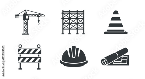 Construction icons set crane scaffolding traffic cone barrier hard hat blueprint symbolizing building planning safety