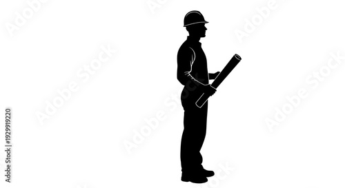 Silhouette of a construction worker in a hard hat holding blueprints standing profile view representing planning