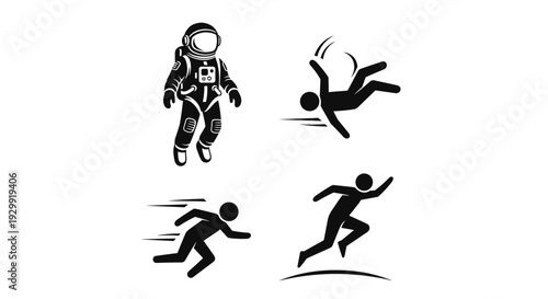 Diverse human motion icons astronaut floating falling figure running man and dynamic sprinting figure against a clean