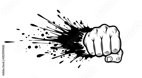 Powerful fist punching through black ink splatter dynamic action abstract explosion graphic art grunge style conveying