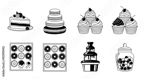 Collection of hand drawn dessert icons including cake slice tiered cake cupcakes donuts chocolate fountain and candy