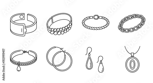 Collection of elegant hand drawn jewelry illustrations including bracelets necklaces and earrings presented on a clean