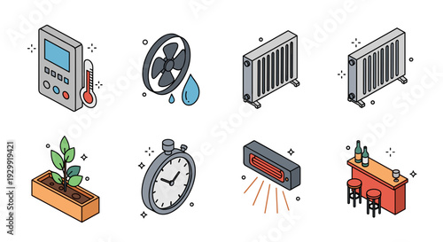 Isometric set of climate control icons including thermostat fan with water drops radiators plant stopwatch heater