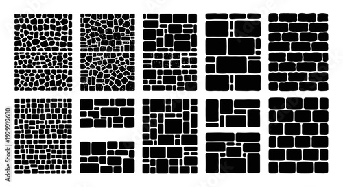 Collection of diverse black silhouettes of paving stones and brick patterns representing various textures