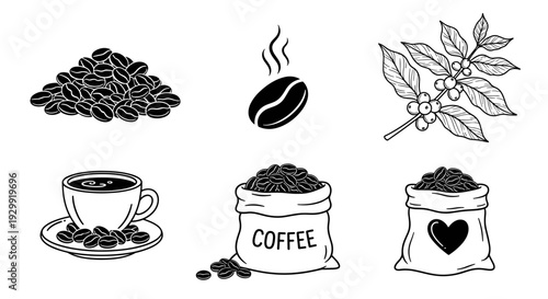 Collection of hand drawn coffee icons beans plant cup and burlap sacks symbolizing beverage preparation and enjoyment
