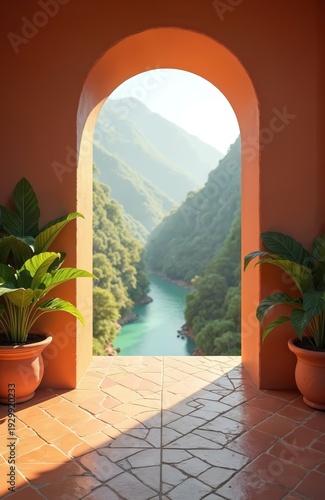 View from arched balcony overlooks lush green mountain valley river. Potted plants frame tranquil turquoise water flowing through deep canyon, peaceful nature landscape.