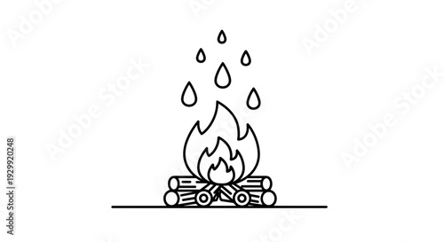 Stylized line art illustration of a campfire with burning logs and rising flames symbolizing warmth nature and outdoor