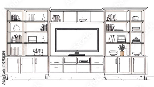 Classic Home Entertainment Center Line Drawing with TV Wall Unit Vector Illustration