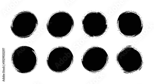 black brush stroke circles with grunge texture on white versatile graphic design elements for abstract art and modern branding projects