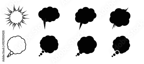Collection of comic book speech and thought bubbles empty and ready for text in black and white graphic elements