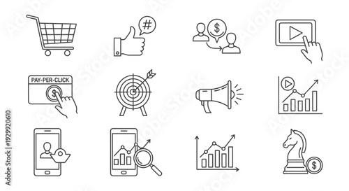 digital marketing e-commerce and business strategy line icons illustrating online advertising analytics and sales concepts.
