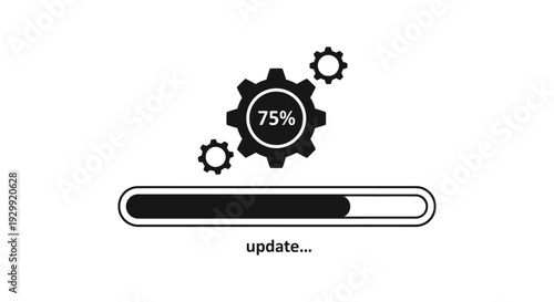 digital system update in progress featuring a progress bar at 75 percent and working gears representing software installation and technology maintenance.