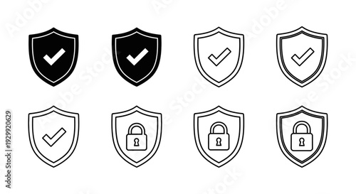 digital security shield icons with checkmarks and padlocks representing protection verification and safety concepts.