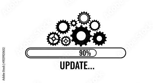 digital software update loading with turning gears above a 90 progress bar symbolizing technical progress and system maintenance.