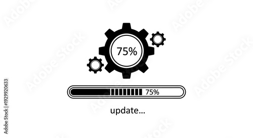 digital update process with 75 completion featuring rotating gears and a progress bar for technology software and development.