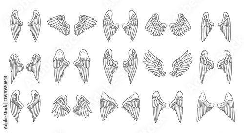 diverse angel wing line art illustrations depicted in various styles ideal for tattoo designs emblems and graphic projects.