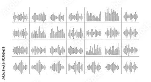 diverse audio equalizer graphics in a grid illustrating sound visualization for digital design and multimedia projects
