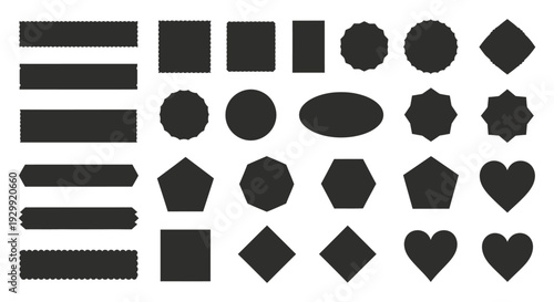 diverse black geometric shapes and label templates including badges and polygons isolated on a white background for graphic design and branding purposes.