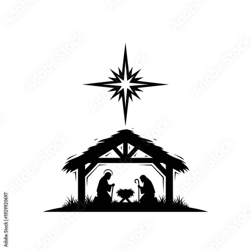 Nativity Scene Silhouette with Star of Bethlehem and Manger