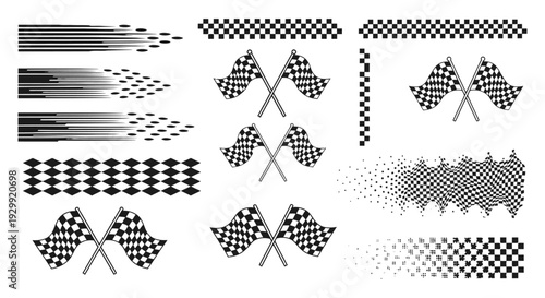 dynamic racing design elements vector collection featuring checkered flags speed lines and borders perfect for sports and automotive branding.