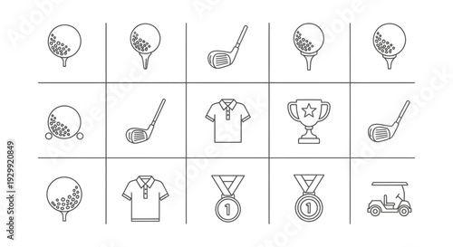 golf outline icons set showcasing essential equipment apparel and awards for sports apps and web design projects.