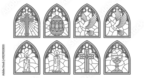 gothic stained glass window line art vector illustrations depicting christian religious symbols for easter and church designs