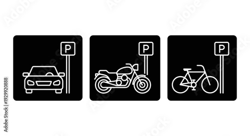 graphic icons showing parking spaces for cars motorcycles and bicycles on a black background perfect for transportation designs.