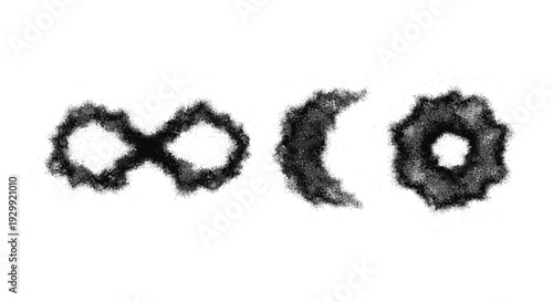 grungy dark smoky abstract symbols of infinity crescent moon and sun-like form on white ideal for conceptual design projects