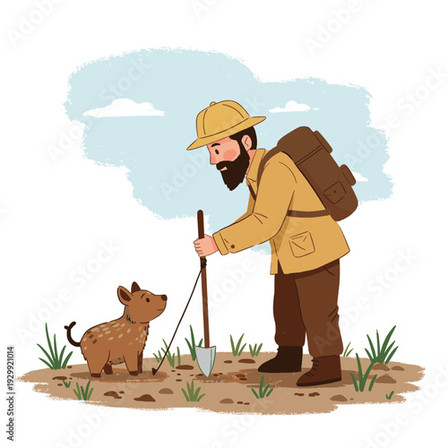 A bearded man in an explorer's hat and backpack digs with a shovel while a small spotted fawn watches curiously in an outdoor setting.