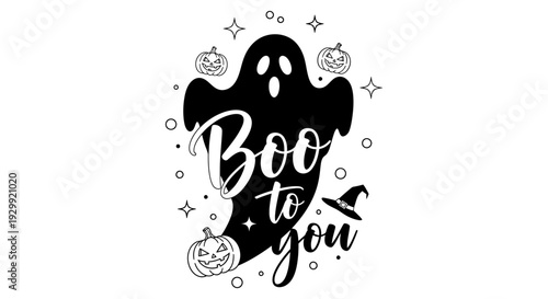 halloween ghost saying boo to you surrounded by festive jack-o-lanterns and stars ideal for spooky season greeting cards.