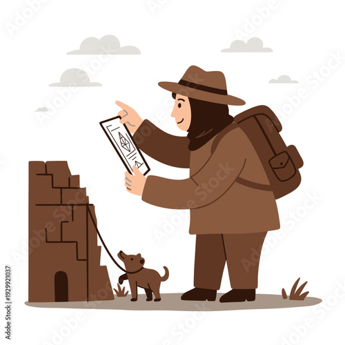 A person with a backpack and hat examining a map next to ancient ruins with a small dog on a leash.