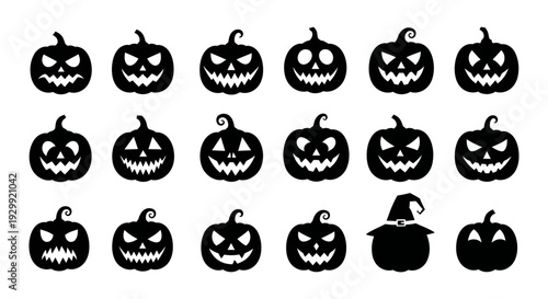 halloween pumpkins with diverse scary faces and spooky silhouettes black and white graphics for autumn holiday and seasonal design elements.