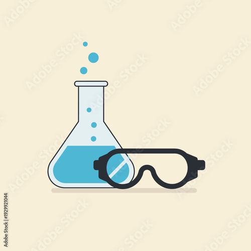 A simple illustration of a conical flask with blue liquid and bubbles, alongside black safety goggles, representing laboratory safety and chemistry.