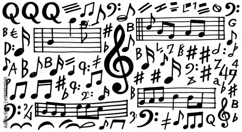 hand drawn musical notes and symbols including clefs and staff lines forming a creative doodle pattern for music education backgrounds.