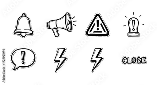 hand drawn alert and notification icon set for digital ui depicting warnings important messages and system statuses