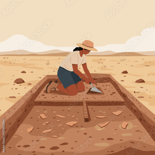 An archaeologist carefully excavating ancient pottery shards in a desert trench, revealing historical artifacts.