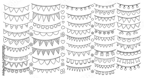 hand drawn string flags and festive bunting illustrations for party decorations and celebration design elements