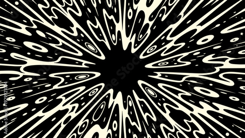 Abstract radial burst explosion background with organic liquid shapes, high contrast black and cream psychedelic sunburst pattern, modern retro graphic poster style illustration