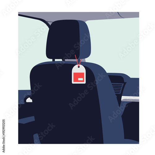 A red car air freshener hanging from the headrest of a dark blue car seat inside a vehicle.